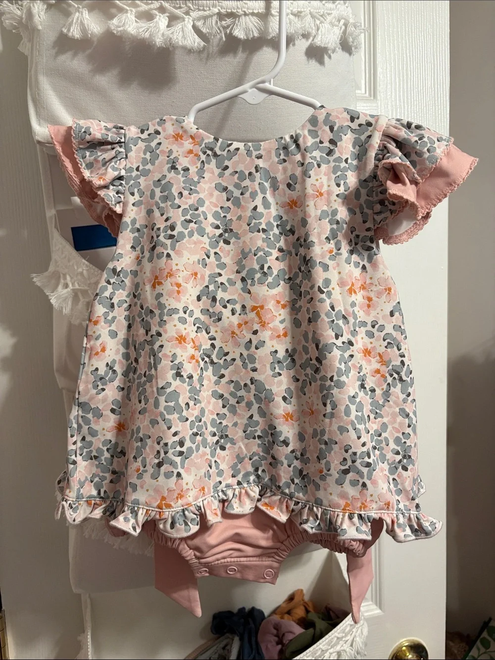 Pink Floral Ruffle Diaper Cover Dress with Matching Bloomers
